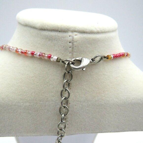 Pewter Flower Necklace 1.5"‎ Pendant Adjustable 15" Multicolor Glass Beads - Picture 5 of 8